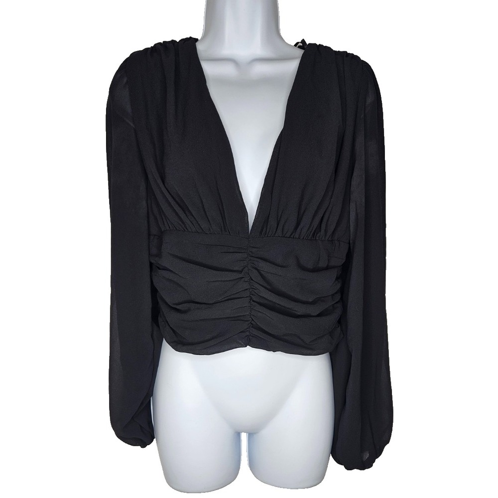Princess Polly Black Ruched Plunge Crop Top US 6 Y2K Coquette Going Out